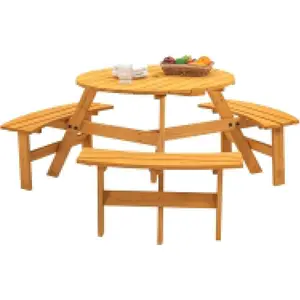 summervibes 6 Person Wooden Picnic Table Set, Outdoor Round Picnic Table with 3 Built-in Benches,Umbrella Hole, Outside Table and Bench Set for Garden, Patio, Porch, Deck, Backyard, Adults and Kids, Natural