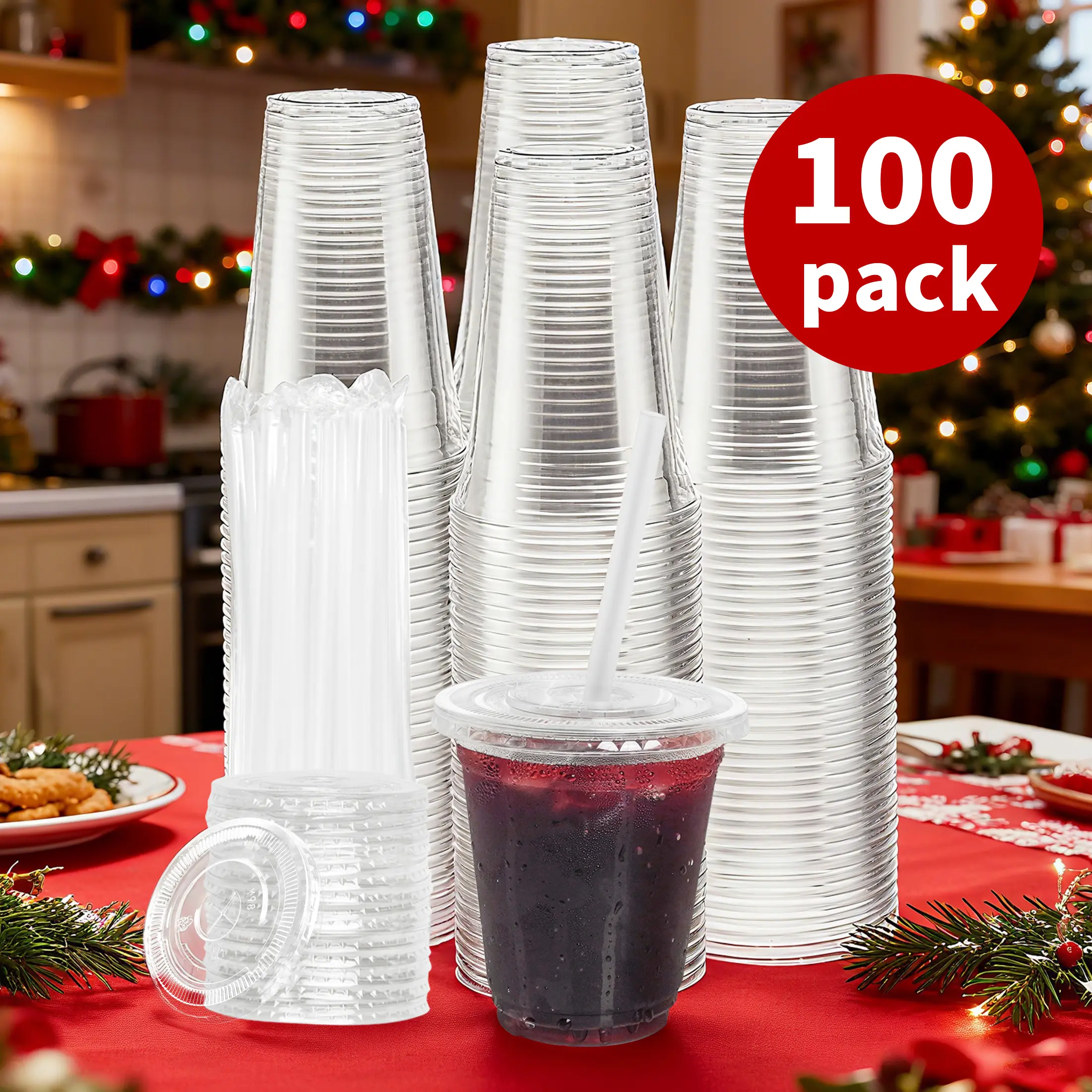 Lightweight Disposable Transparent Plastic Cold Drink Cups - 100 Sets with Flat Lids and Straws, 12-24 oz Options, Suitable for Christmas, Home & Party Supplies