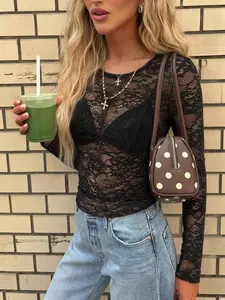 Women's Semi-Transparent Lace Fitted Long Sleeve Round Neck Top, Elegant and Chic Design, Perfect for Daily Wear and Special Occasions