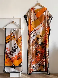 [MOOMOO] Women’s Boho Print Beach Cover Up Dress & Scarf Set – Floral / Peacock / Colorblock Shawl Poncho, Soft Summer Vacation Beachwear, TikTok Trending Outfit Swimwear Coverups002