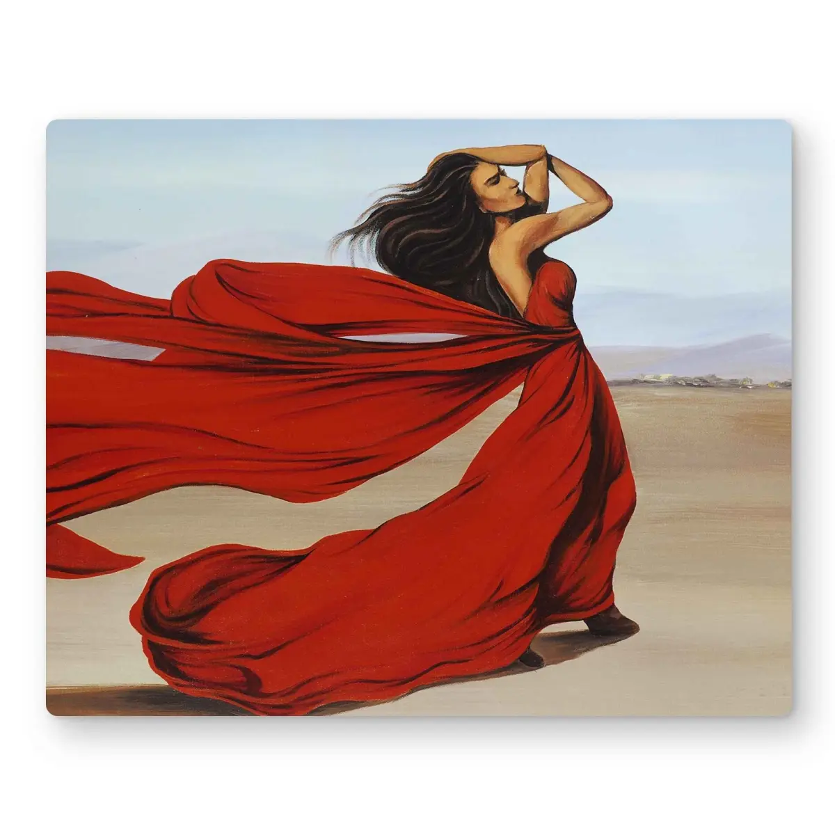 Begin Home Decor C1MP162073FS1J 16 x 20 in. Woman In Long Red Dress Desert Metal Print Wall Art - Home Decor