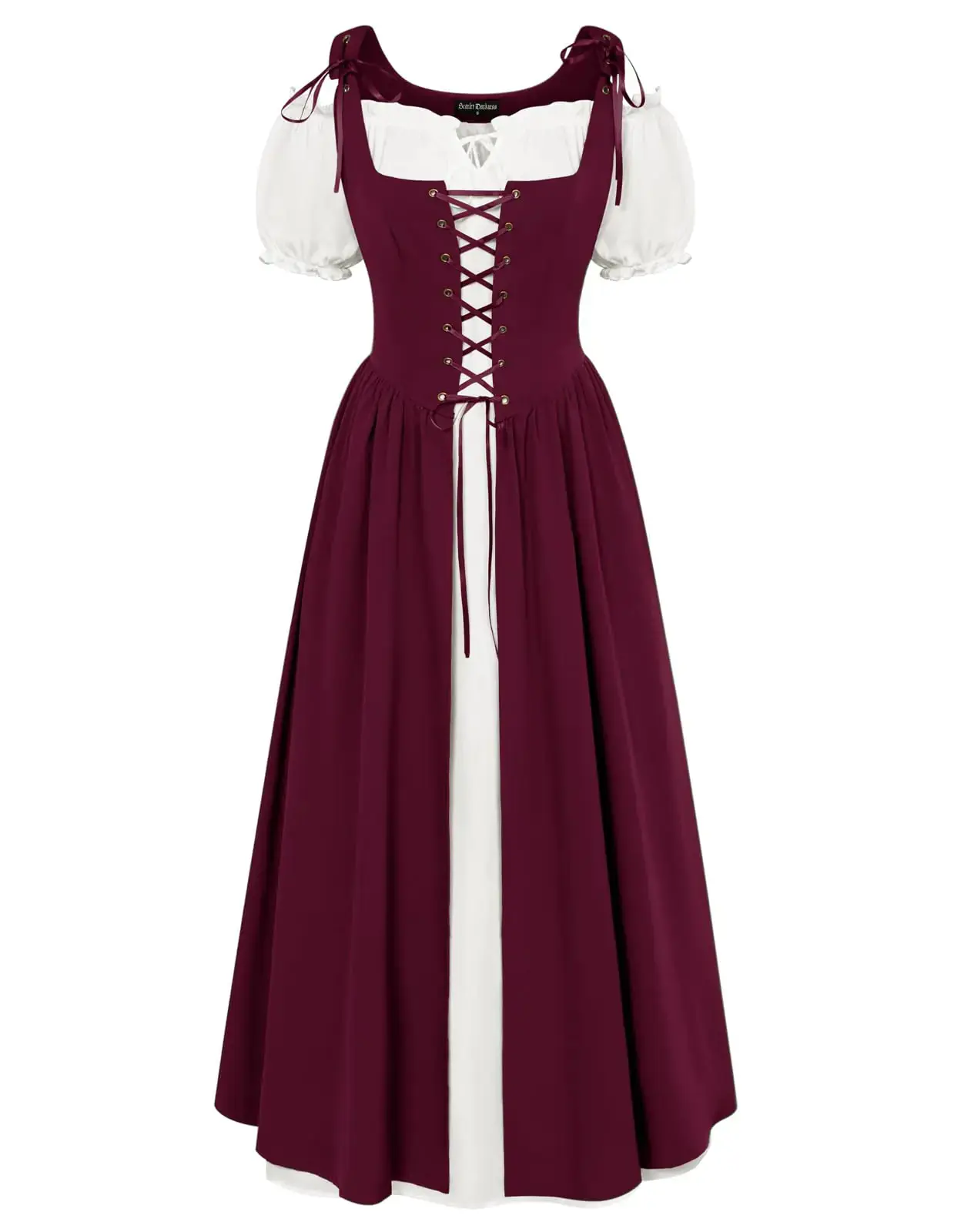 Women Renaissance Dress Short Sleeve Irish Dress Peasant Dress with Pockets Wine XL