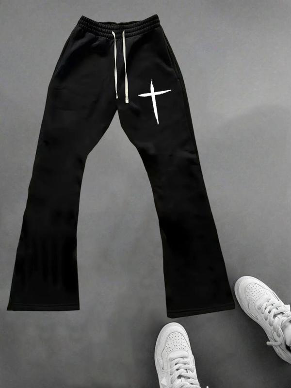 Men's black casual trousers with cross pattern print, elastic waist drawstring pants, suitable for autumn and winter wear.