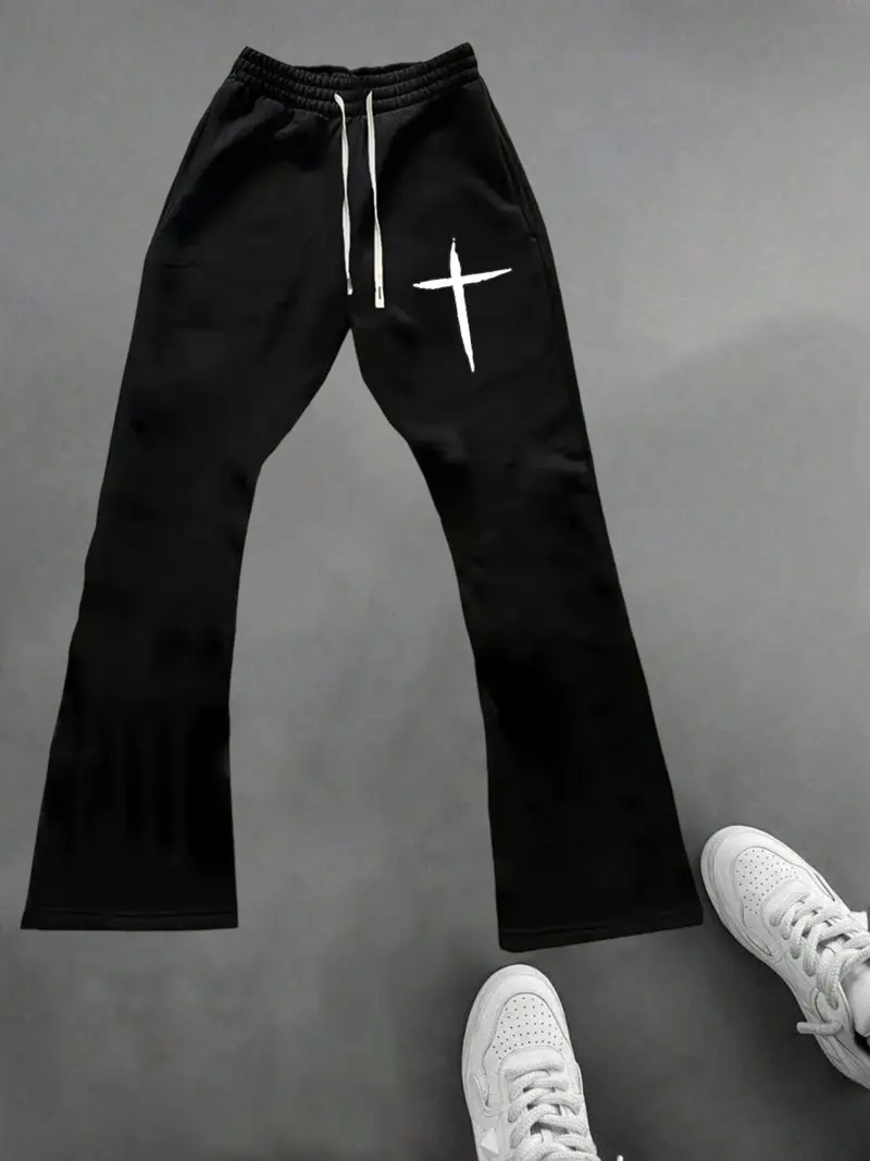 Men's black casual trousers with cross pattern print, elastic waist drawstring pants, suitable for autumn and winter wear.