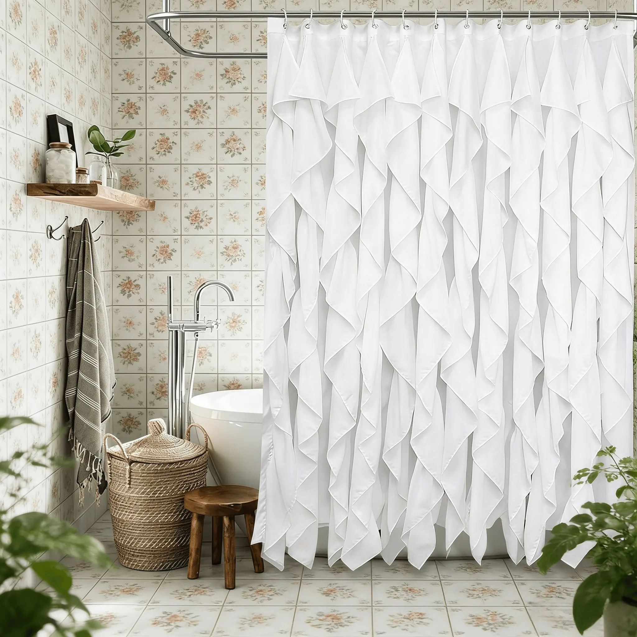 Ruffled Shower Curtain for Farmhouse Bathroom, Restroom, Home Goods, Dual Layer Fabric, Textured Design, 72x72 Inches, Opaque, Elegant Decoration, Decorative Shower Curtain, Aesthetic Shower Curtain, Farmhouse Shower Curtains for Bathroom