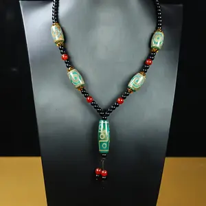 Elegant Mens Agate Sweater Necklace with Nine-Eye Dzi Beads  Black, Green & Blue Beads, Red Accents, Intricate Patterns, Perfect for Layering or Statement Looks