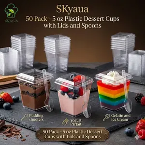 SKyaua 50 Pack 5 oz Plastic Dessert Cups with Lids, Yogurt Parfait/Appetizer Cup with Lids for Party, Mini Dessert Cups with Spoons Dessert Shooter Cups for Pudding, Fruit and Ice Cream