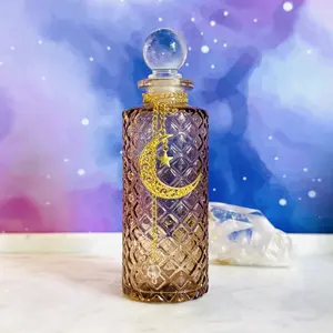 Limited Edition Antique Style Amber Glass Moon Water Decanter with Silver Moon & Star Charms Clear Quartz for Rituals Free Spell Ritual Cards and Moon Magic Bundle Printables
