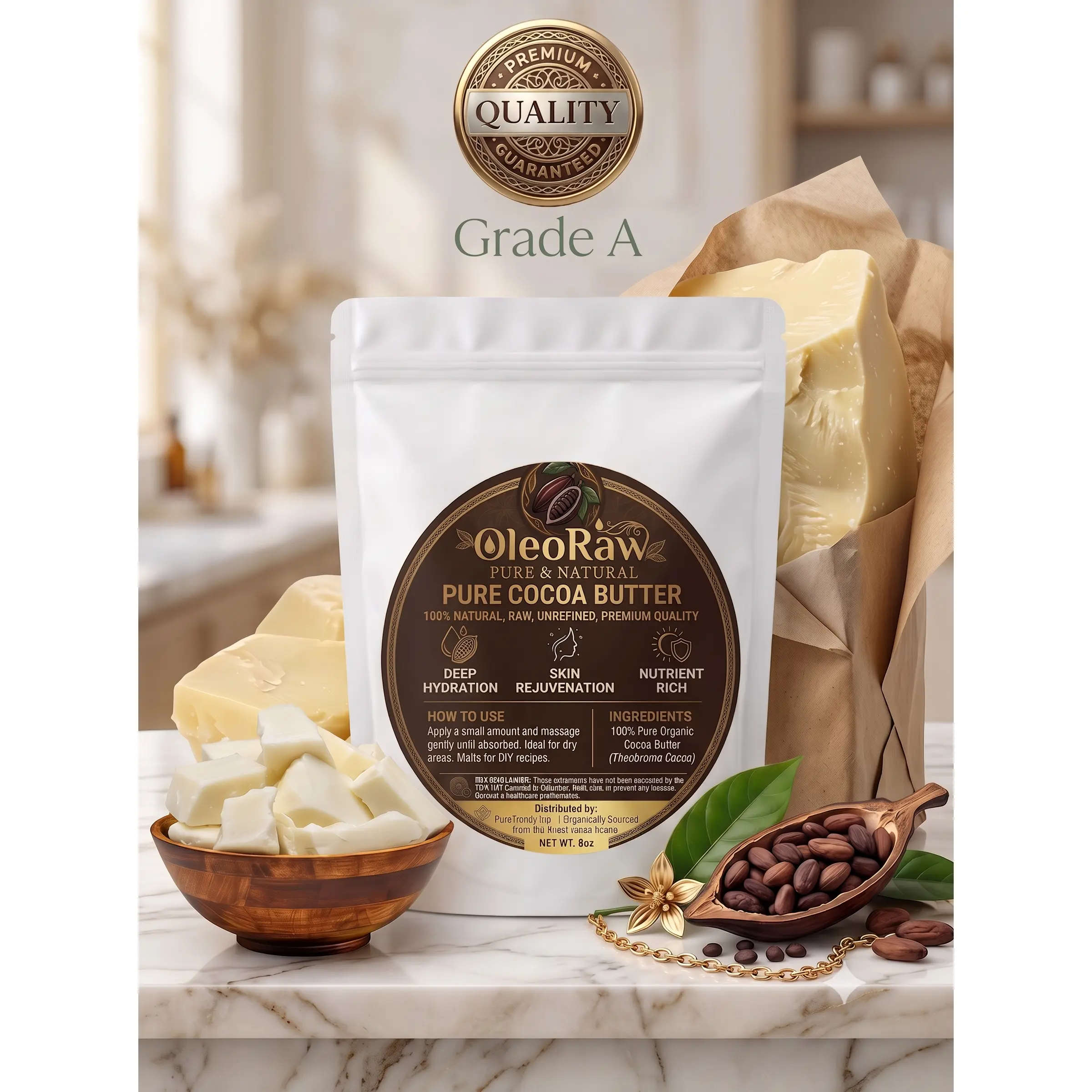 Unrefined Organic Cocoa Butter - 100% Pure Raw Body Moisturizer for Natural Skin Defense, Deep Hydration