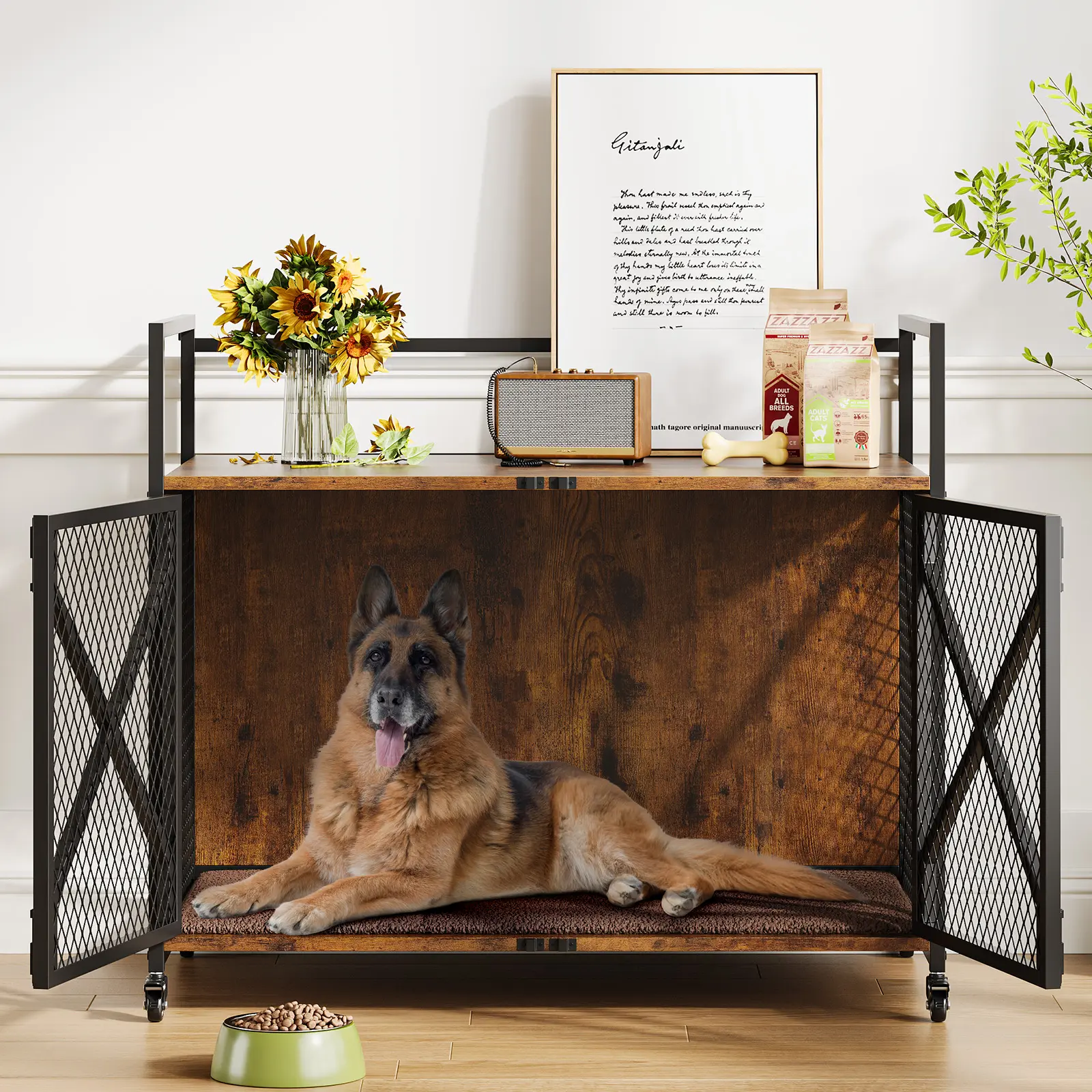 31 Inch Furniture Style Dog Crate, Farmhouse Dog Kennnel Furniture with 360° Wheels, 4 Latches, Large Heavy Duty Dog Cage End Table for Living Room, Entryway, Rustic Brown