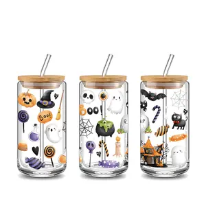 Kawaii Halloween Ghost Skull Cauldron Candy Design 16oz Glass Can Cup with Lid and Straw, Reusable Glass Drinking Cup, High-Quality Glass Jar for Iced Coffee, Juice, Milk, Cold Drinks, Spooky Fashionable Glassware, Perfect Gift for Halloween Lovers