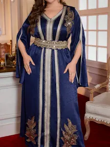 Luxurious Embroidered Muslim Dress, Turkish Long Robe with Rhinestones, Embroidery Abaya, Arabic Ethnic Clothing for Ramadan & Eid Celebrations