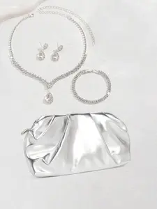 Elegant PU Silver Color Women's Evening Envelope Clutch Bag Set, Party Accessories: Handbag, Rhinestone Earrings, Necklace, Bracelet, 4-Piece Set