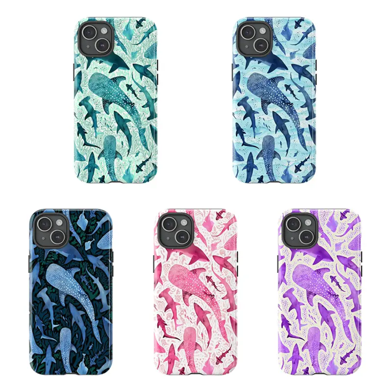 [No magnetic] Watercolor Shark Whale Phone Case,Ocean Blue Teal Aesthetic durable phone Cover,for iPhone 17 16 15 14 13 12 11 8 7 for Samsung Series,Shockproof Protective Dual-Layer design phone case,trending phone Cover,perfect gift for girl