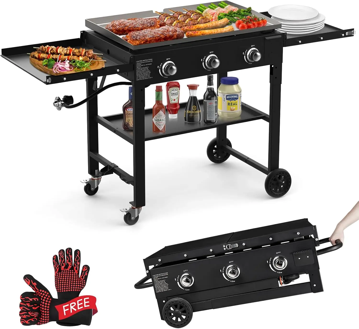 Foldable Flat Top Grill, Outdoor Griddle-3 Burner Propane Griddle| with Two Foldable Shelves,36" Flat Grills Outdoor-45,000 BTU Gas Grill for BBQ& Outdoor Cooking,Black