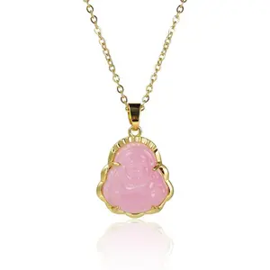 18k Gold Plated Laughing Buddha Pendant Necklace Green Jade Cubic Zirconia Gemstone Lucky Amulet Jewelry for Women Men