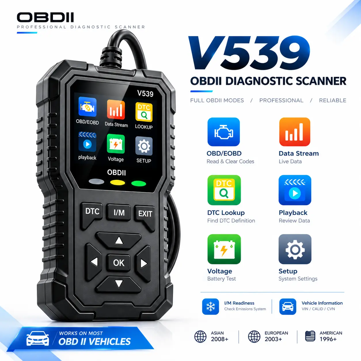 OBD2 Scanner Vehicle Diagnostic Tool Car Code Reader, Check Engine Light Diagnostic Tool, Read & Clear Codes, Live Data, I/M Readiness, Battery Voltage Test, US 1996+ EU 2003+ Asian 2008+,tools fault detection
