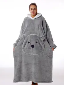 Cute Elegant Bear Long Sleepwear, with Bear Pocket, Soft Comfortable, Loose Fit, Unisex Home Robe, Fall & Winter Gift