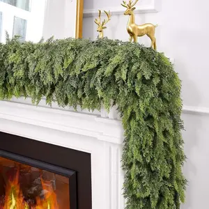 2 Pcs 6 FT Deluxe Christmas 180 Leaves Real Touch Cedar Garland Artificial Realistic Upgrade Encrypted Green Faux Soft and Thickness Cedar Garland for Home Indoor Xmas Holiday Mantle Fireplace Party Decoration Firework Decor