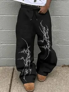 Gothic Thorn Line Art Graphic Baggy Sweatpants - Men's Black Wide Leg Streetwear Trousers