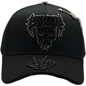 Barbas Hats x "Crime" Black Rhinestone Skull Baseball Cap for Men & Women, Luxury Streetwear Adjustable Hat, Premium Embroidered Gothic Style Curved Brim Casual Hip Hop Fashion Accessory, Trendy Gift Cap