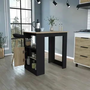 Kitchen Island 36" H Three Open Side Storage Shelves and One Push-to-Open Cabinet Black/ Natural Oak
