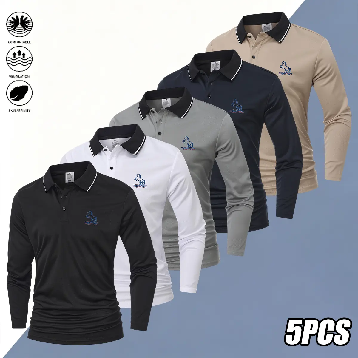JOGWAVE 5PCS Men’s Long-Sleeve Polo Shirt with a collar design and soft solid fabric; suitable for vacations and business occasions, ideal for outdoor leisure and professional settings. It offers excellent breathability and is perfect for playing golf. An