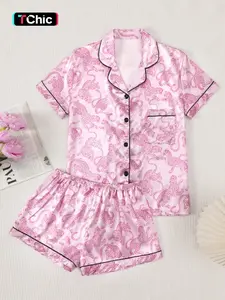 Valentine's Day Casual Tiger Print Women's Pajama Set, Button Front Short Sleeve Top and Loose Elastic Pants, Comfortable All-Season Print Satin Sleepwear