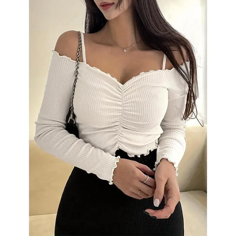Women's Cold Shoulder Ruched Slim T-Shirt - Elegant Lettuce Trim Long Sleeve Top - For Spring & Fall -  Suitable for Casual & Semi-Formal Occasions - Perfect Gift for Women