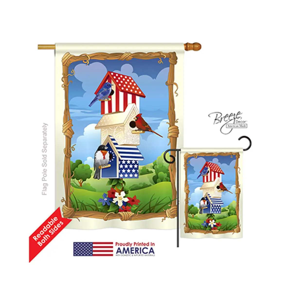 Breeze Decor 11058 Patriotic Eco-Friendly Double-Sided Vertical House Flag, 8 oz Soft-to-the-Touch Star Spangled Design, 28x40 in, 4" Pole Sleeve, Birdhouse-Themed Garden Decor