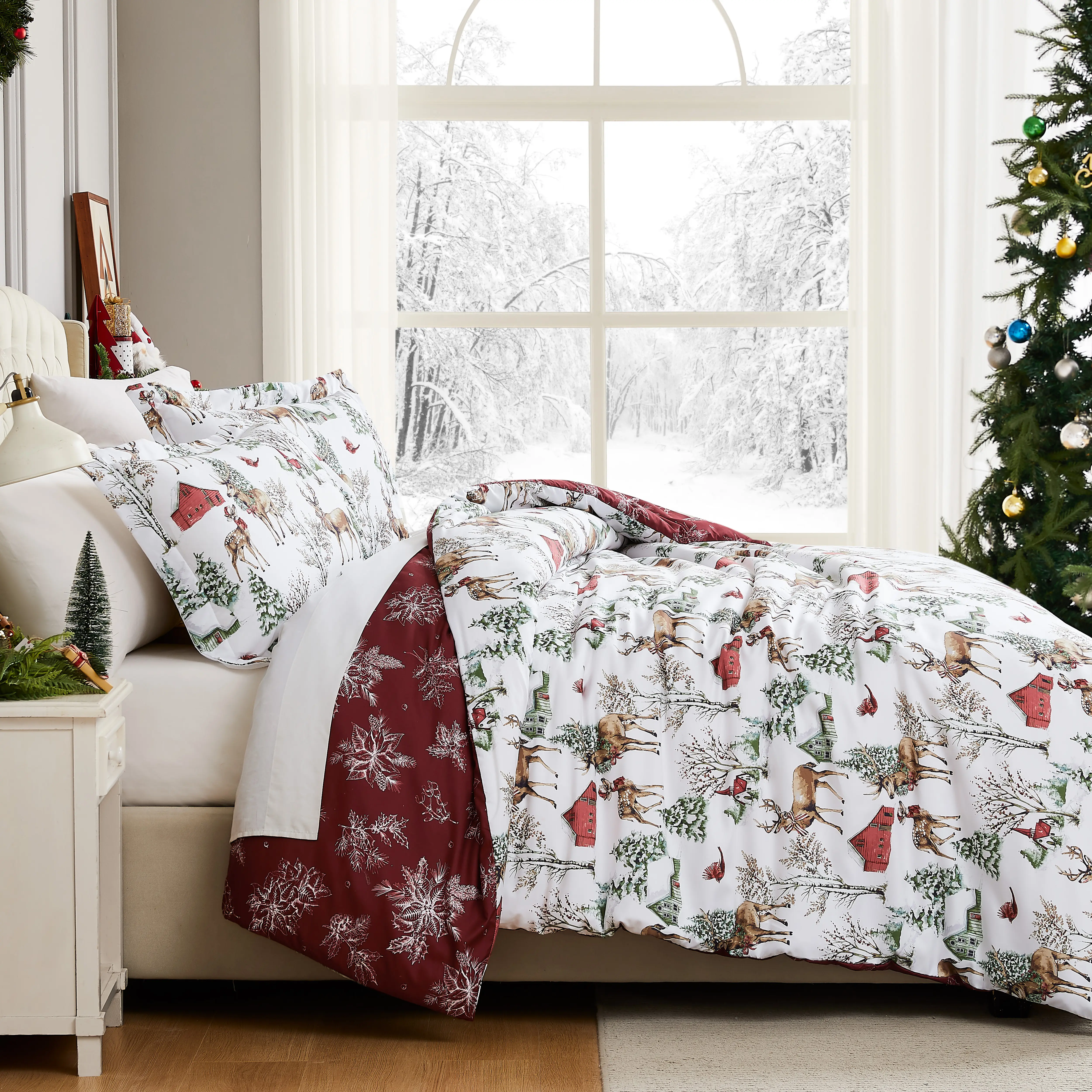 White Christmas Reversible Duvet Cover Set - Holiday Festive Bedroom Bedding, Soft Warm Fabric, Machine Washable, Cozy Look, Provides Warmth