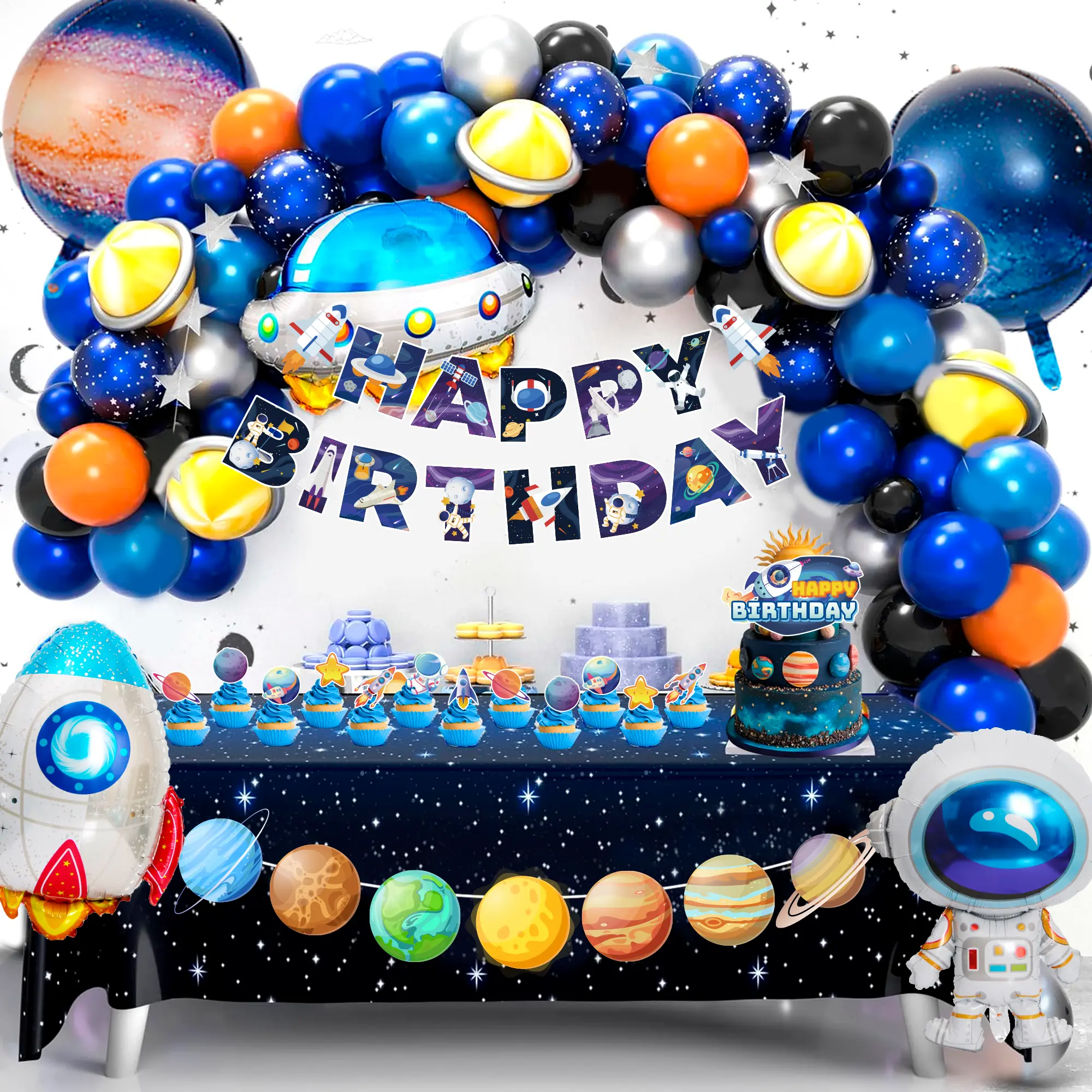 Outer Space Party Decorations, 109pcs Space Birthday Decorations Set Includes Galaxy Birthday Banner Balloons Tablecloth Cake Decorations etc Space Themed Party Decorations