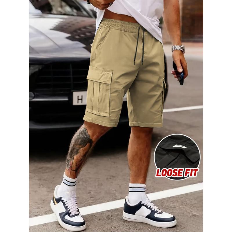 Menswear Men's Regular Fit Mid Waist Casual Shorts Drawstring Closure, Multi Pockets, Lightweight Breathable Solid Color Fabric, Retro Chic Suitable for Daily Wear, Workwear