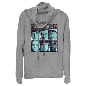 Juniors Womens Stranger Things Gang Bleeding Nose Stacked Cowl Neck Sweatshirt