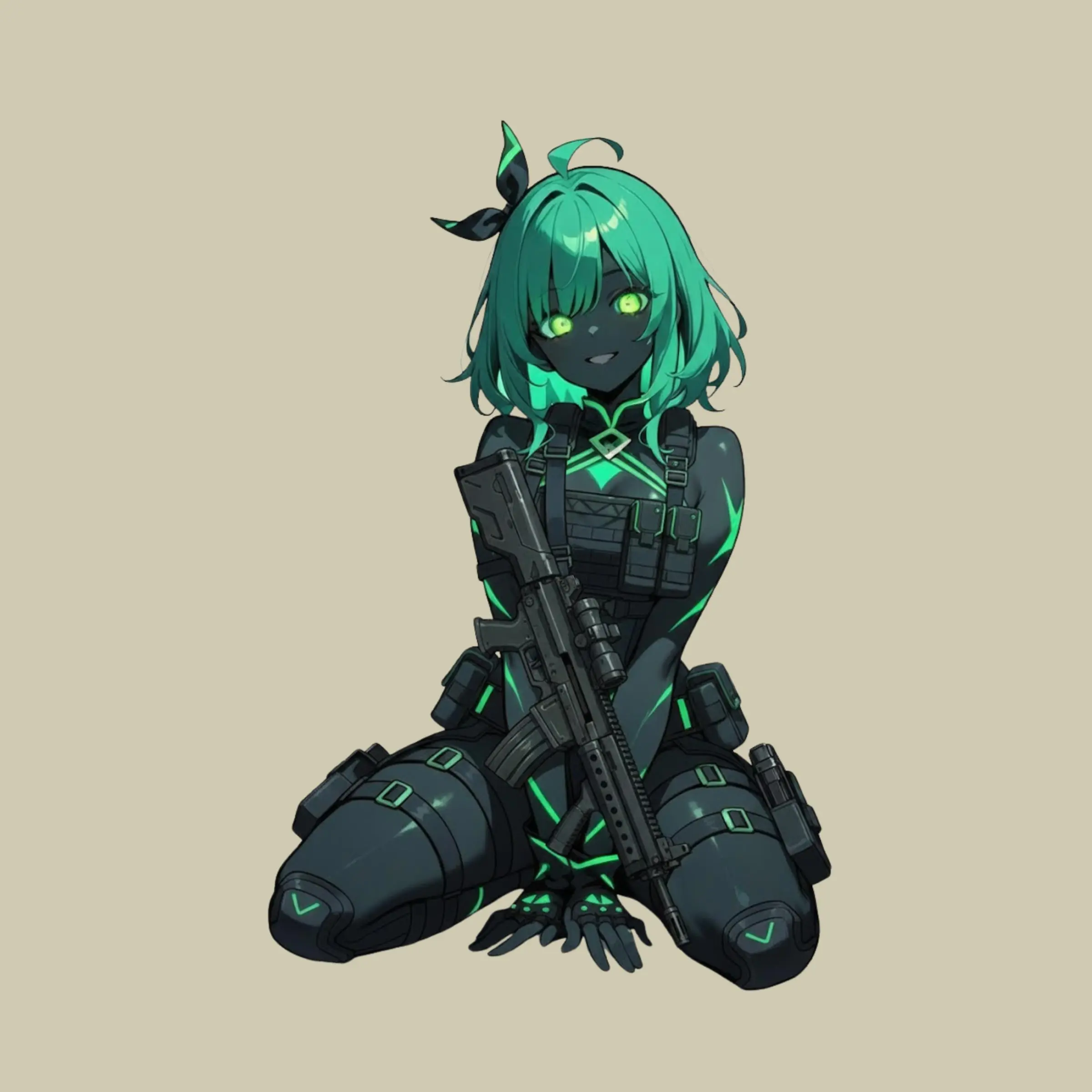Anime Tactical Girl Sticker, Neon Green Eyes, Futuristic Military Style