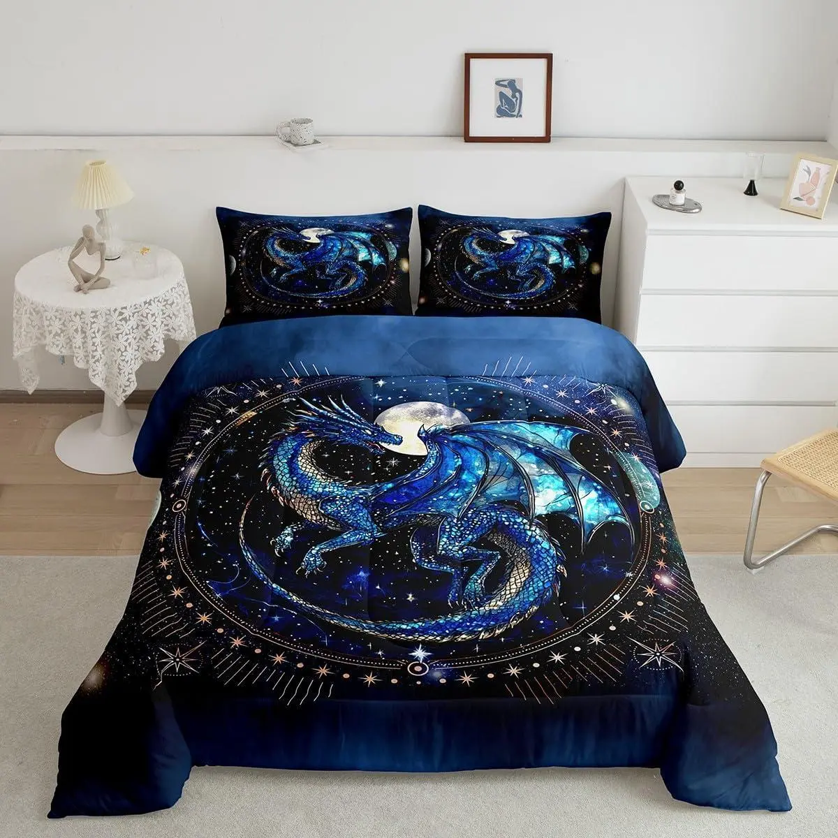 Feelyou Dragon Bed Comforter Set - Digital Print, Breathable Luxury Quilt with Dragon Motif, Multi-Size Decorative Bedding Set for Boys, Blue Black Room Decor (Queen Option Available), Bed Comforter Sets