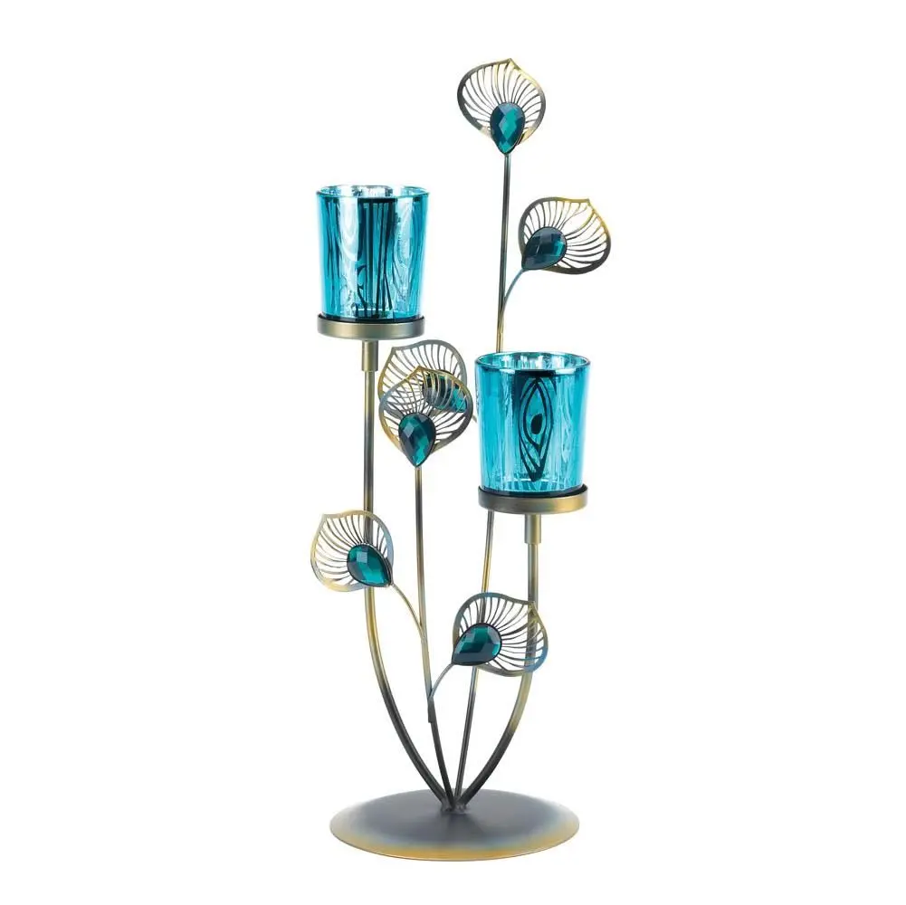 Peacock Plume Candleholder with Decorative Design and Metal Base, Elegant Style for Home Decor Colorful Gift Centerpiece Room