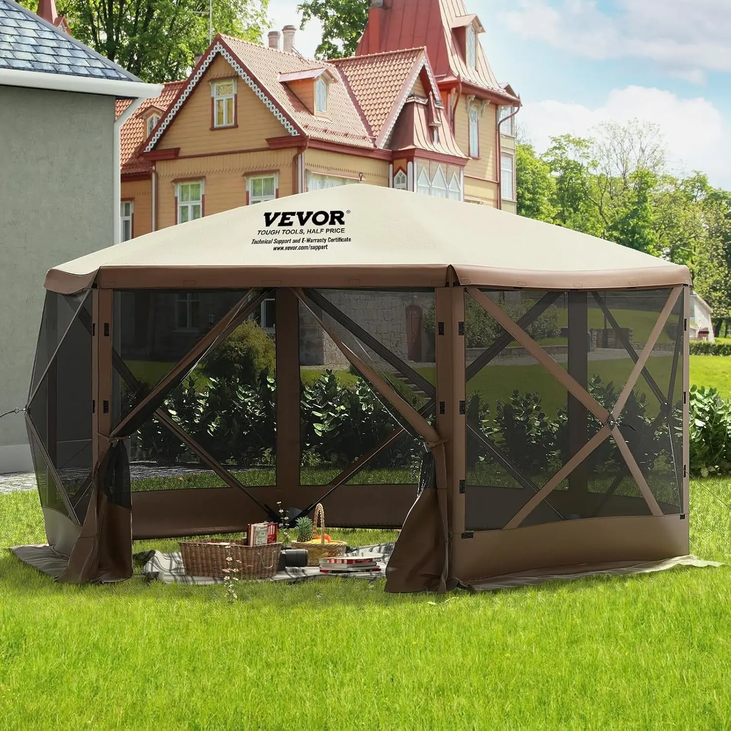 VEVOR Pop Up Gazebo Screen Tent 12x12 Ft 6 Sided Camping Gazebo Instant Waterproof Bug Proof UV Resistant Oxford Fabric Easy Setup Portable Carry Bag Included