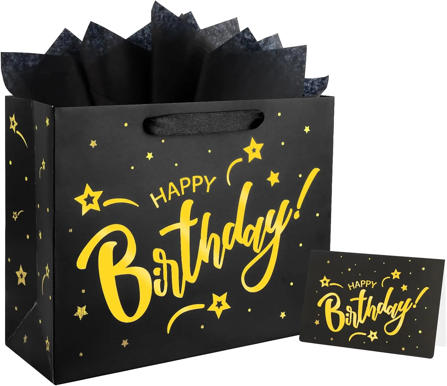 13" Large Size Black  Birthday  Bag Twinkle  with Metallic  Happy Birthday Sign  Bag with Greeting Card and Tissue Paper for Girls Boy Women Men Bday Supplies