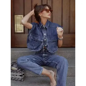 Womens Cropped Button Down Shirt Summer Collared Sleeveless Loose Denim Top with Pockets
