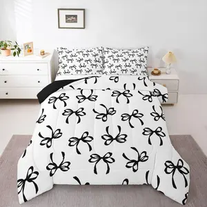 Bowknot Comforter Set,Black Watercolor Bow Bedding Set,Kids Teen Adults,Fashion Coquette Bowknot Down Comforter,Black White Modern Simple Quilt