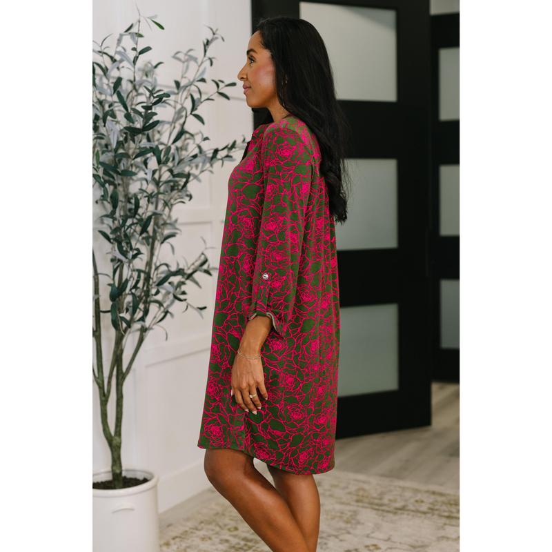 Lizzy Long Sleeve Dress in Pink and Olive Abstract Floral