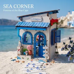 DIY Book Nook Kit - Santorini Coastal Miniature House, 3D Wooden Puzzle Bookshelf Insert, Ocean Theme Aesthetic Room Decor Ornament