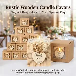 6-Pack Wooden Tealight Candle Holders, Rustic Thank You Candle Favors with Dried Flowers, Mini Wooden Holders for Wedding, Bridal Shower & Party Guest Gifts