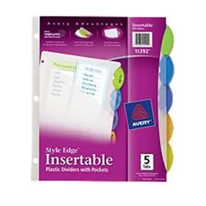 212 MAIN Avery-Dennison Style Edge Insertable Plastic Dividers with Pockets, 5-Tab Set, Durable Binder Organizer, Large Tabs, Printed Text, Storage Solution