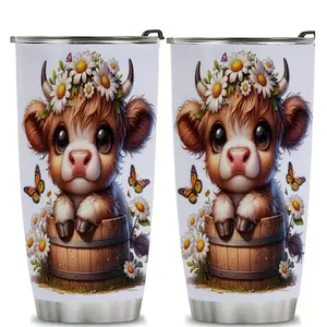 1pc 20oz Stainless Steel Insulated Tumbler, Cartoon Highland Cow Illustration, Leak-Proof Dual-Layer, Perfect Gift for Mother, Partner, Friend