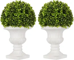 2 Pack Artificial Boxwood Topiary Ball with Lights in Urn Container, 13" Topiary Centerpiece for Home Décor, Mini Fake Plant Greenery Arrangement