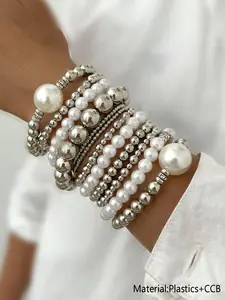 7-Piece Elegant Casual Women's Faux Pearl Resin Stretch Bead Bracelet Set, Silver Color Handcrafted Jewelry for Weddings and Parties