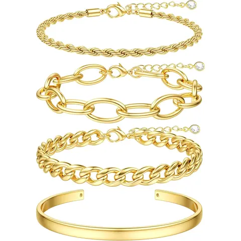 Women's Trendy Chunky Gold-Plated Cuban Chain Bracelets, Waterproof Non-Tarnish Tarnish-Proof Stackable Layered Cuff Herringbone Jewelry Gifts for Mothers Day, Non Tarnish Jewelry Adjustable Bangle