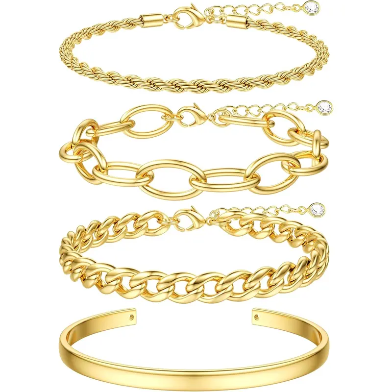 Women's Trendy Chunky Gold-Plated Cuban Chain Bracelets, Waterproof Non-Tarnish Tarnish-Proof Stackable Layered Cuff Herringbone Jewelry Gifts for Mothers Day, Non Tarnish Jewelry Adjustable Bangle